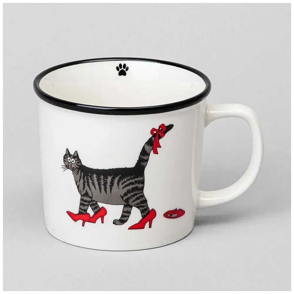 Кружка керамическая Lefard «Мысли» 370 мл дизайн с котом в туфлях белая/черная кайма