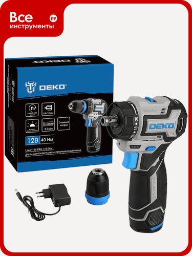 Изображение товара Дрель-шуруповерт аккумуляторная бесщеточная компактная DEKO Loner 12V PRO со съёмным патроном, 12В, 1x3.0Ач 085-1121