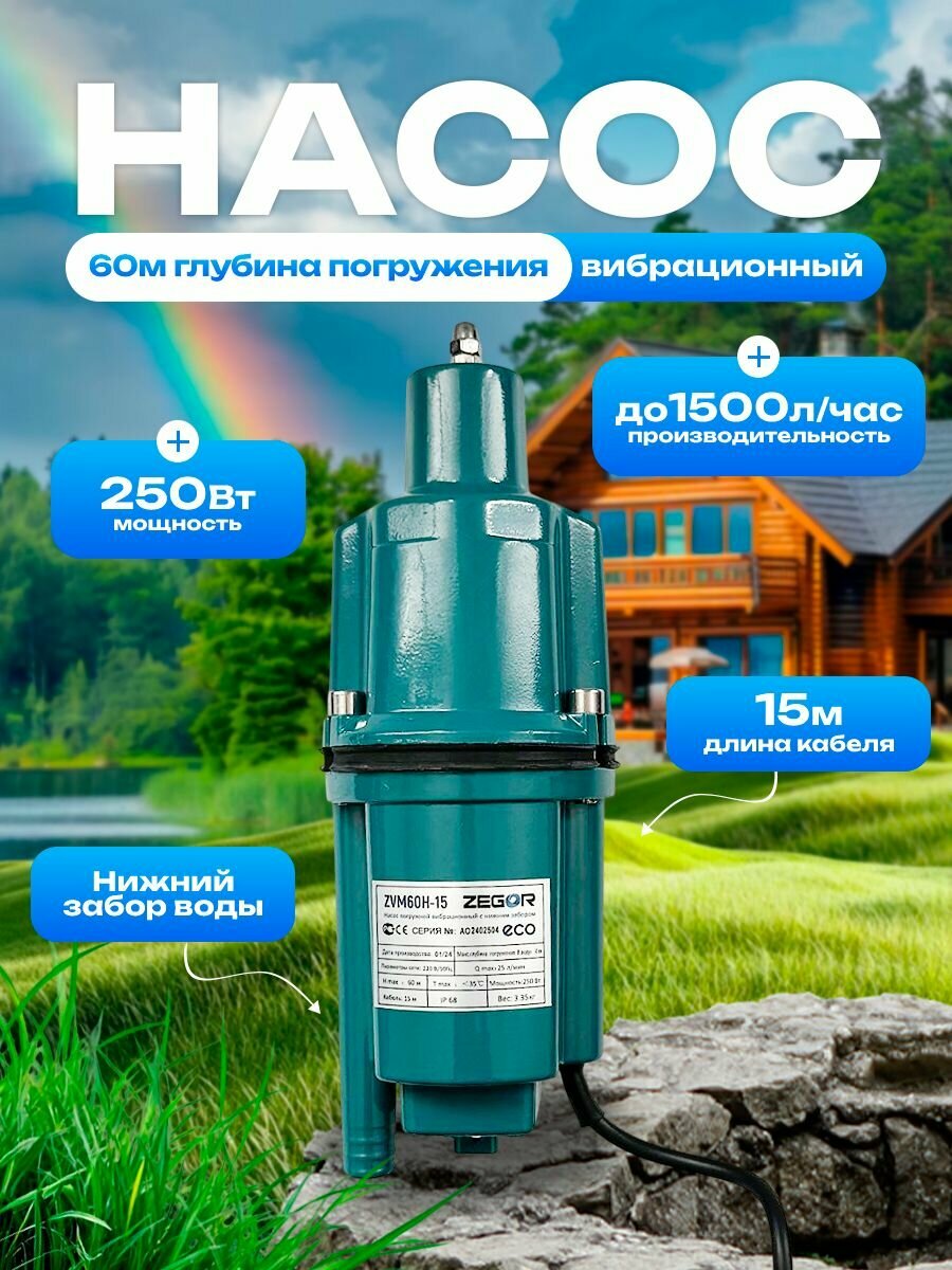Насос для воды погружной Zegor ZVM60H-15 вибрационный нижний забор для чистой воды длина кабеля 15м мощность 250Вт