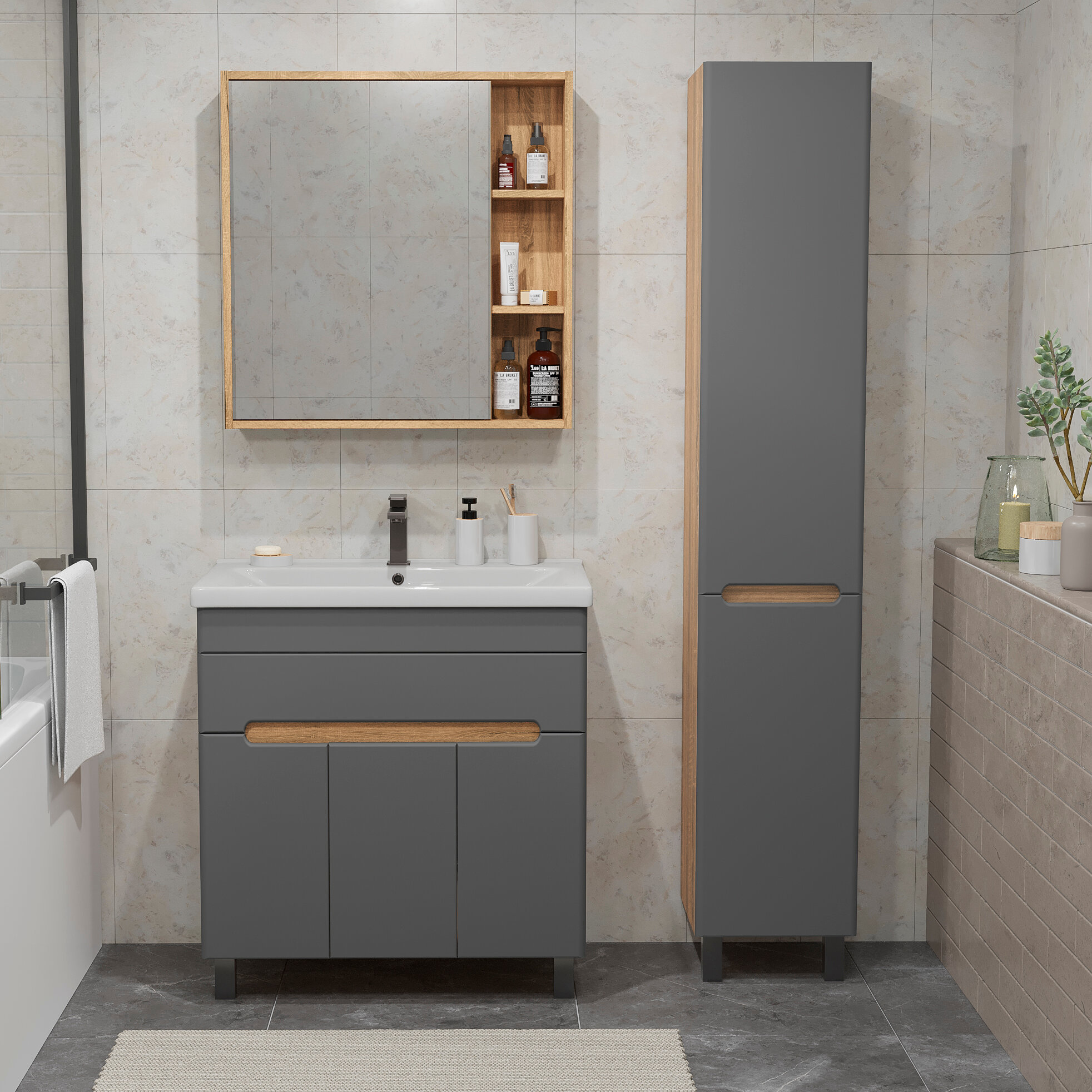 Зеркальный шкаф подвесной SanStar Модена 70 для ванной комнаты Дуб вотан