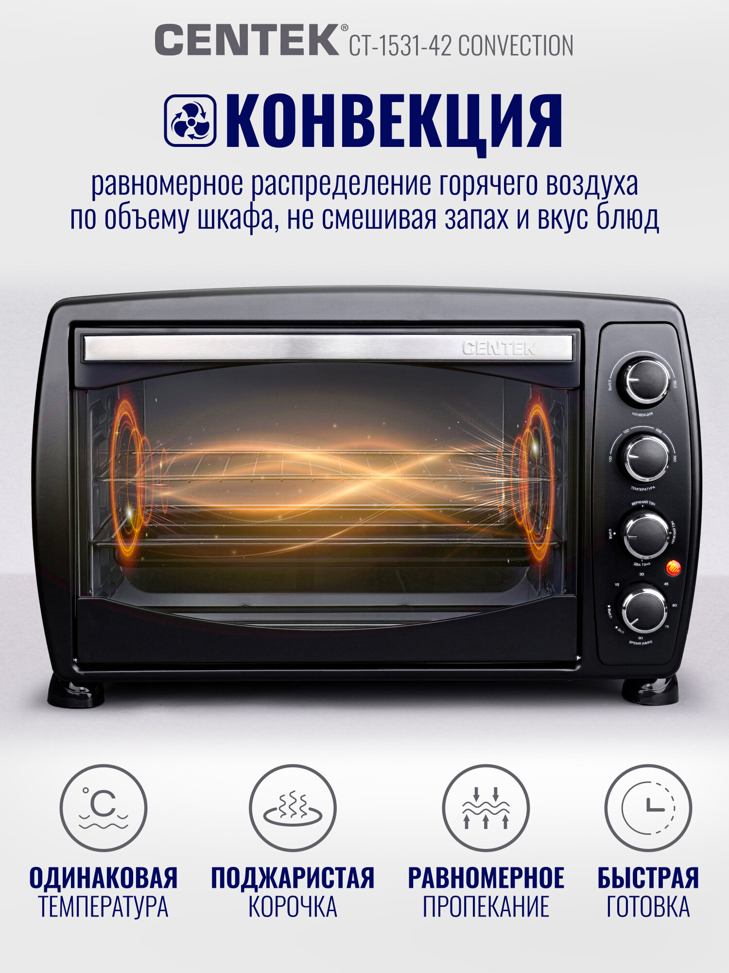 Мини печь с конвекцией Centek CT-1531-42 Convection объём 42 л, 1600 Вт, таймер 90 мин, 5 режимов работы — фото 1