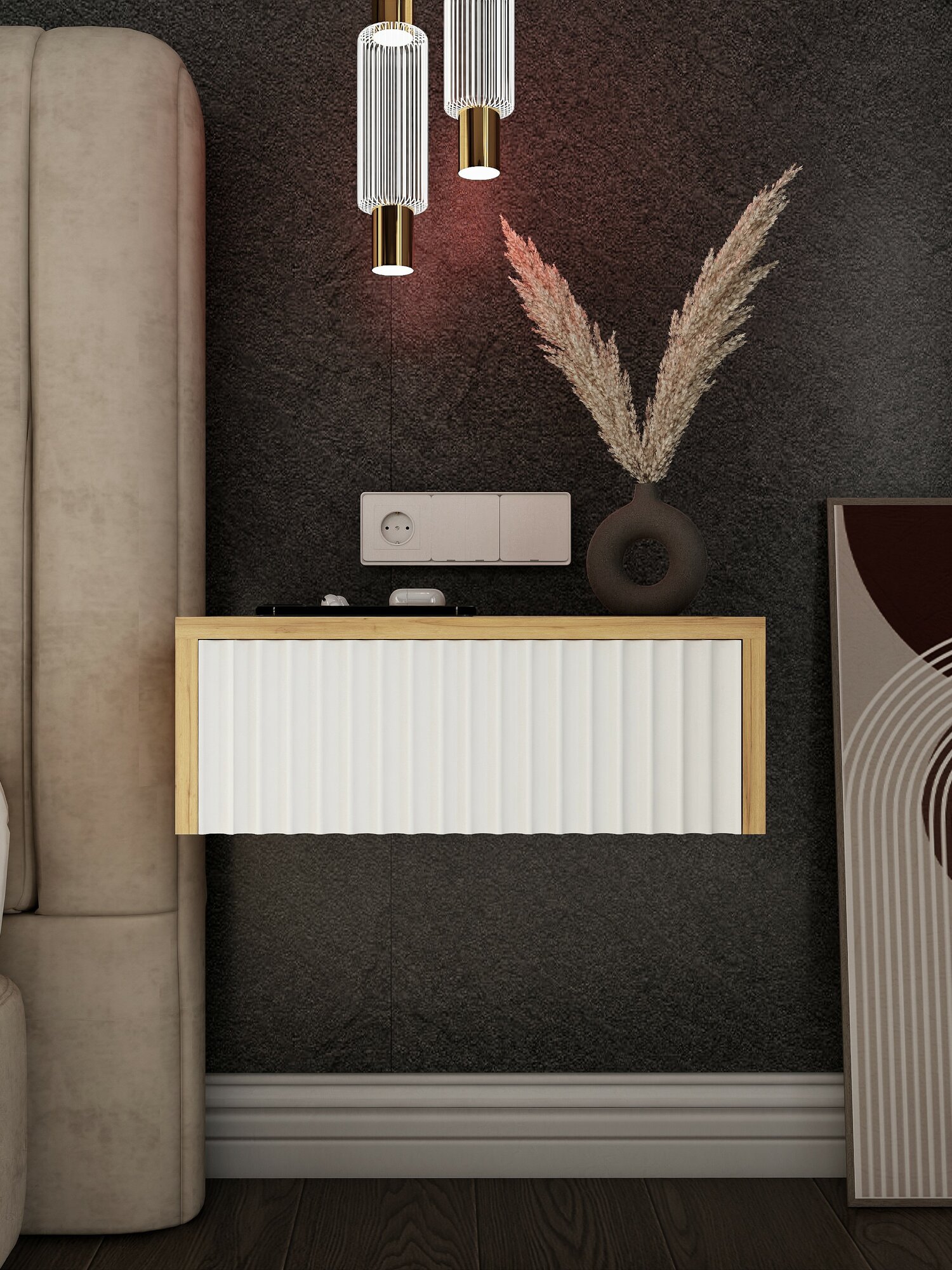 Тумба прикроватная, ЛДСП, МДФ, дуб золотистый, подвесная, 40x35x15 см — фото 1