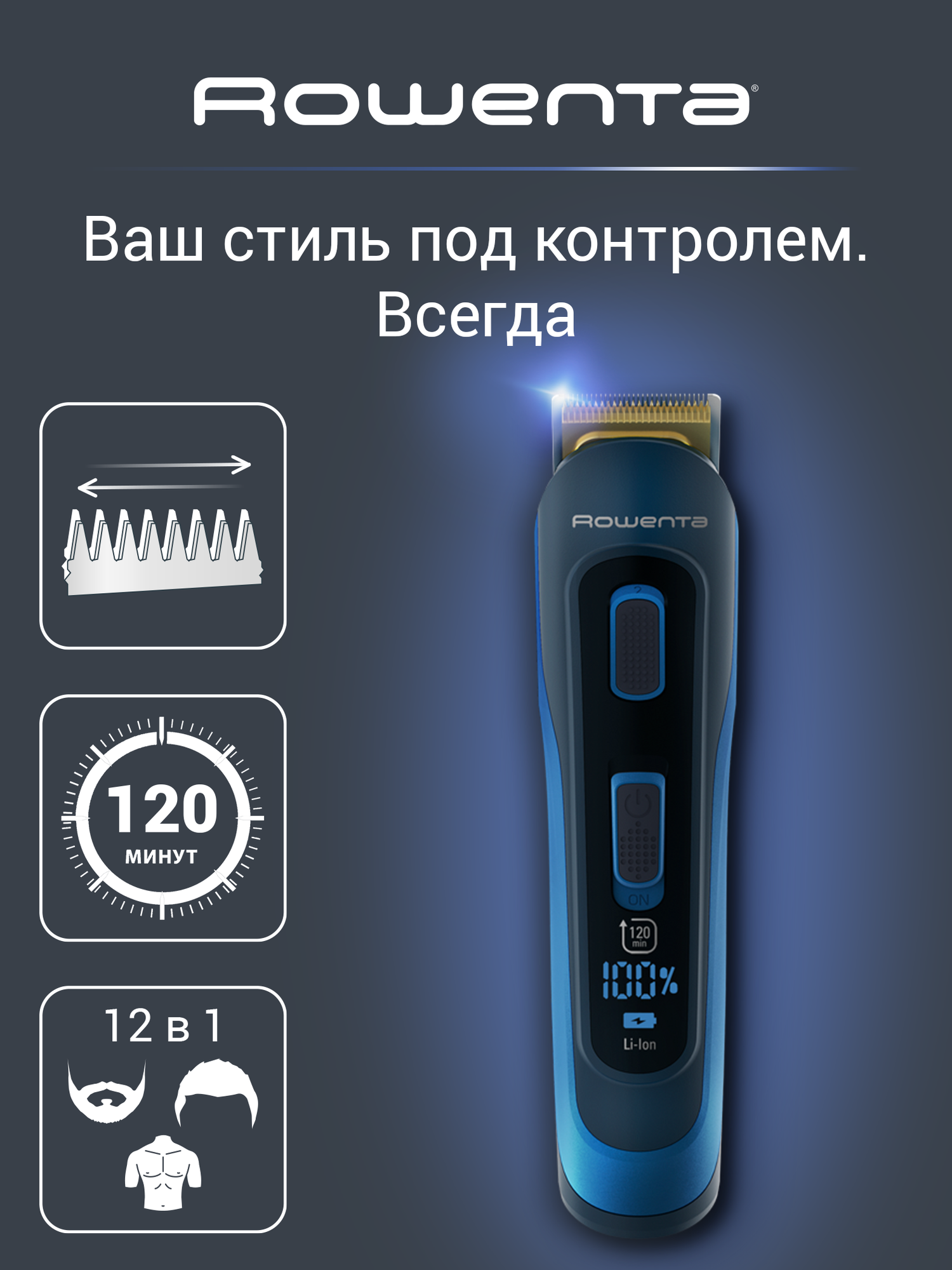 Мужской триммер 14в1 для стрижки бороды и носа Rowenta Selectium TN9460F4 Xpert с 12 насадками и чехлом, синий