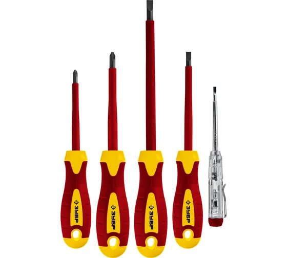 Набор диэлектрических отверток Зубр профессионал 1000 В SL 3 5 / PH 1 2 тестер 100-250 В в коробке 5 предметов 25265