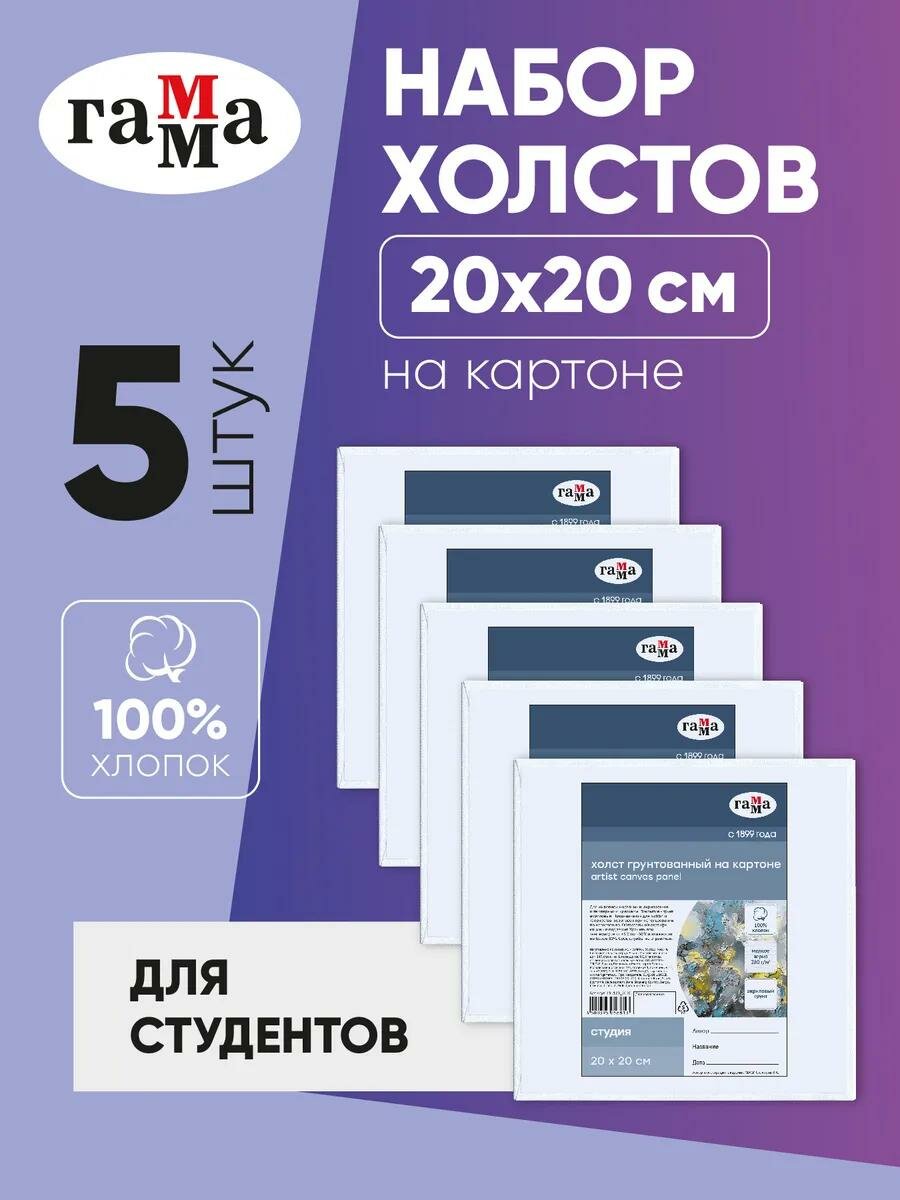 Набор холстов на картоне Гамма "Студия", 5шт, 20*20см, 100% хлопок, 280г/м2, мелкое зерно