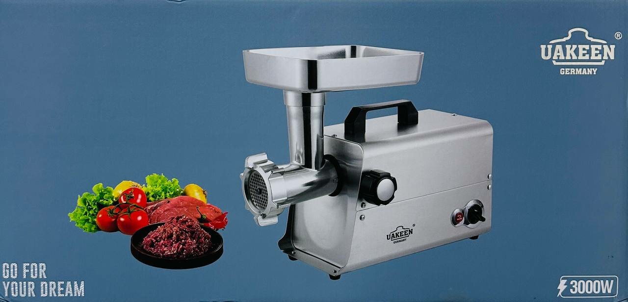 Мясорубка UAKEEN Germany ZL-613, мощность 3000 Вт, система реверса, насадки для колбас и фарша