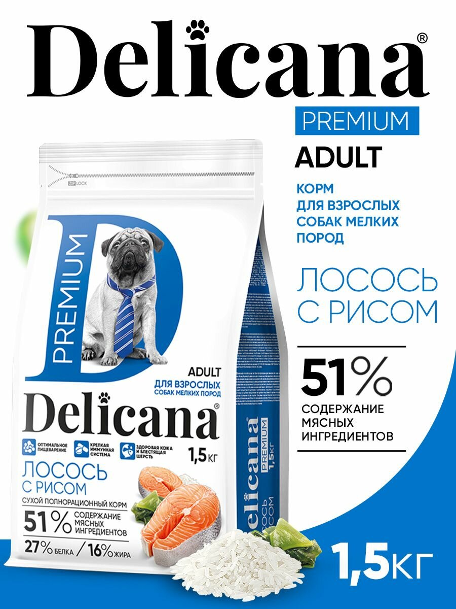 Корм сухой Delicana для собак мелких пород Лосось с рисом 1,5 кг