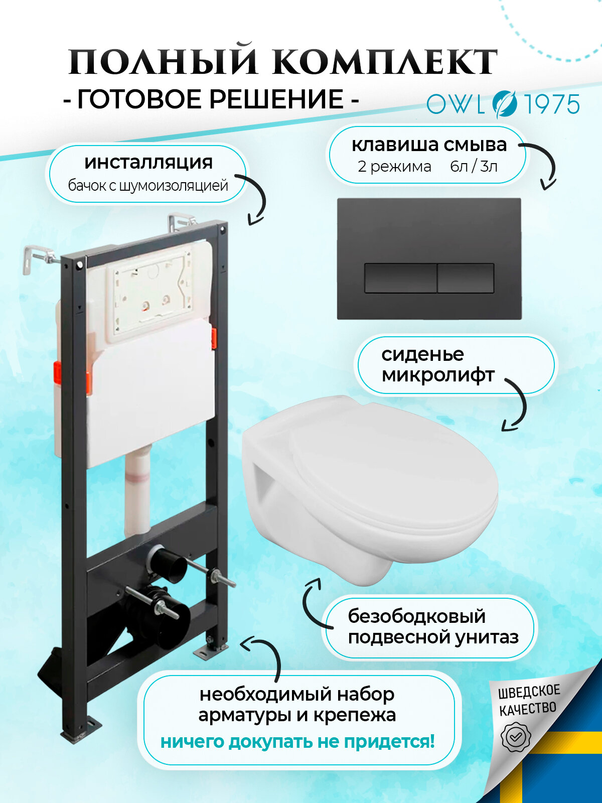 Инсталляция с унитазом комплект 4 в 1 OWL 1975 Fredo безободковый+IN-005.01 кнопка черная матовая+IN-500G