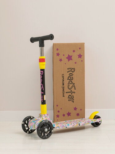 Изображение товара Детский самокат Road Star для девочки от 2 до 6 лет, трехколесный, складной, светящиеся колеса, яркий аквапринт