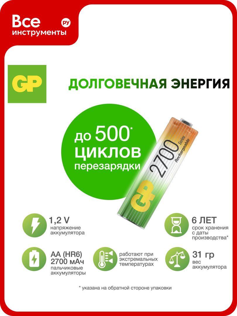 Бытовой аккумулятор GP никель-металлгидридный 2шт. NiMH 2700 мАч блистер 270AAHC-2DECRC2/270AAHC-BL2 270AAHC-2DECRC2 15497463