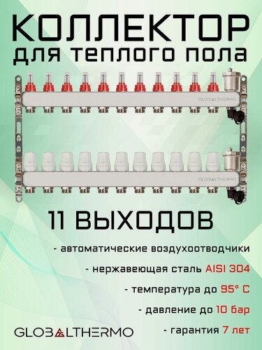 Изображение товара Коллектор для теплого пола на 11 выходов с автоматическими воздухоотводчиками и дренажными кранами GLOBALTHERMO