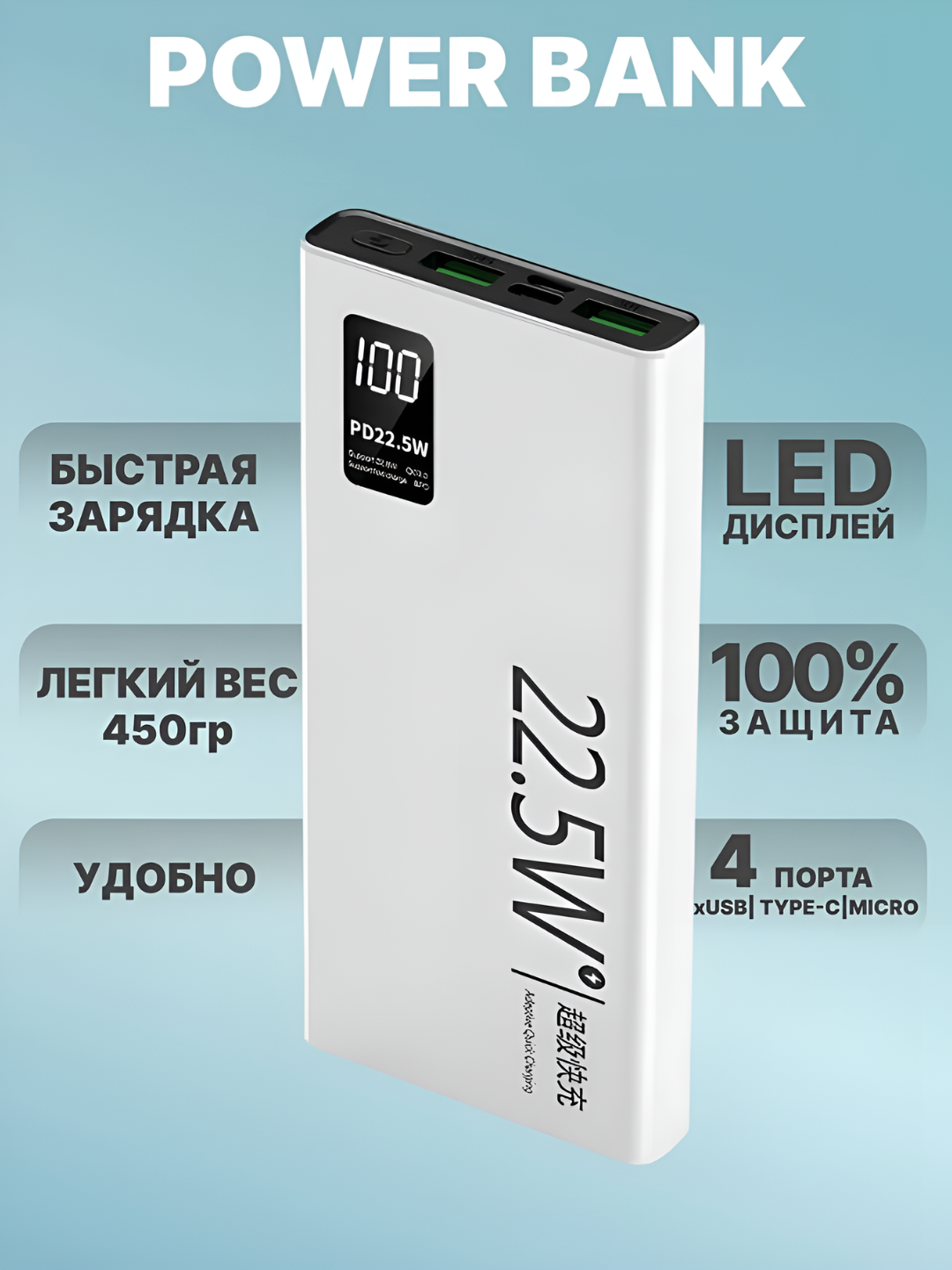 Внешний аккумулятор 10.000 mA/h 22.5 W c быстрой зарядкой, белый — фото 1