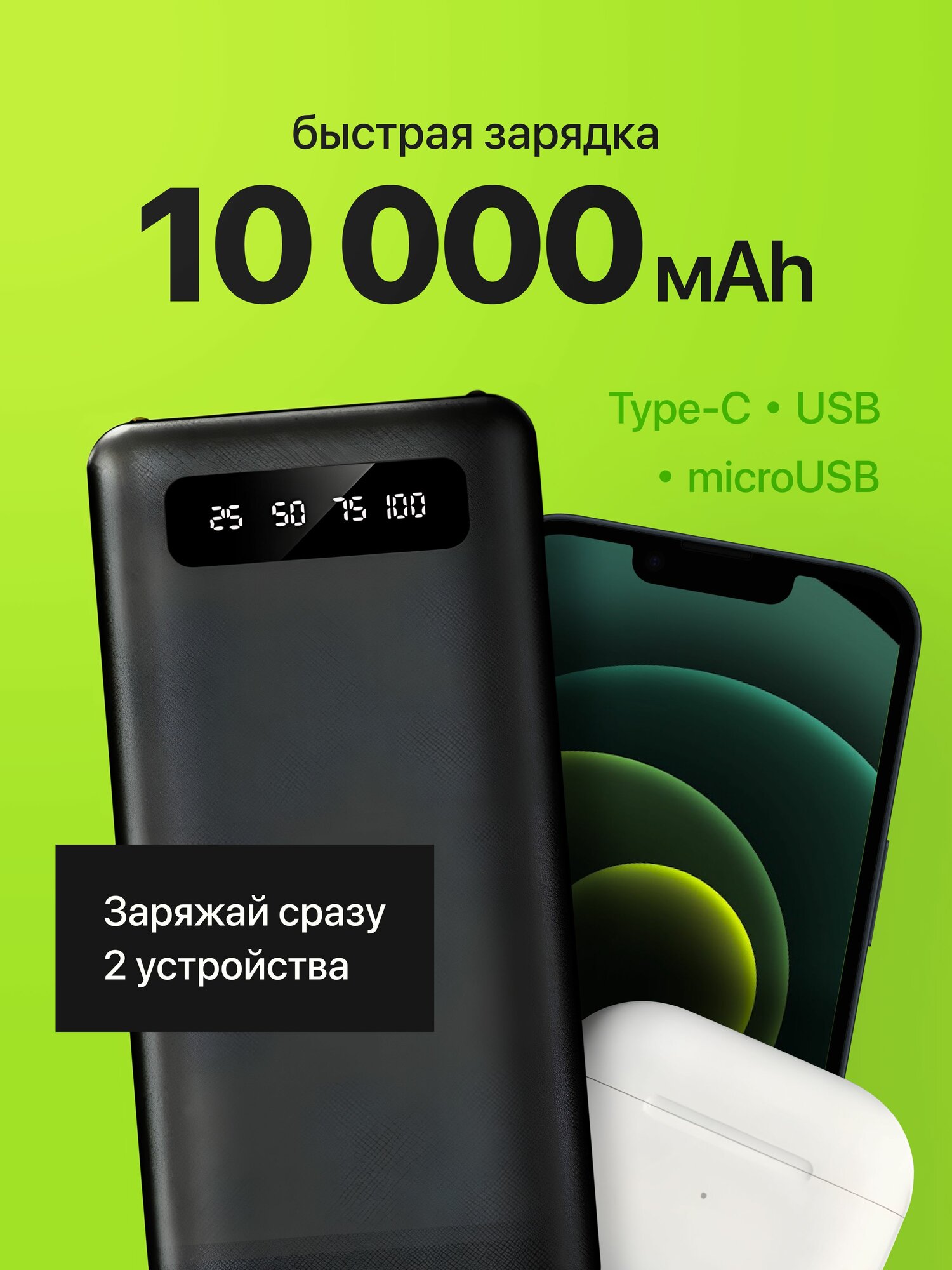 Внешний портативный аккумулятор 10000 mAh повербанк с фонариком и дисплеем зарядное устройство зарядка для телефона