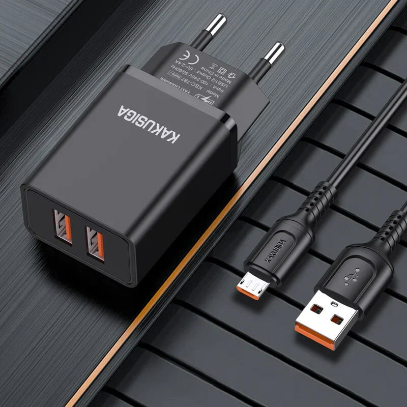 Зарядное устройство Kakusiga, Dual USB, 2.4 A, с кабелем Micro-USB, 1 м — фото 1