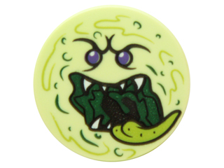 Tile, Round 2 x 2 with Bottom Stud Holder with Ghost Face with Dark Purple Eyes, Dark Green Open Mouth, White Sharp Teeth, and Lime Tongue Pattern, 14769pb051 Yellowish Green U