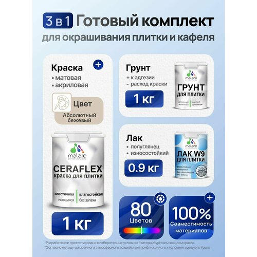 фото Комплект malare для окрашивания плитки и кафеля (1кг грунт + 1кг краска + 0,9кг лак), без запаха, полуглянцевый, цвет абсолютный бежевый