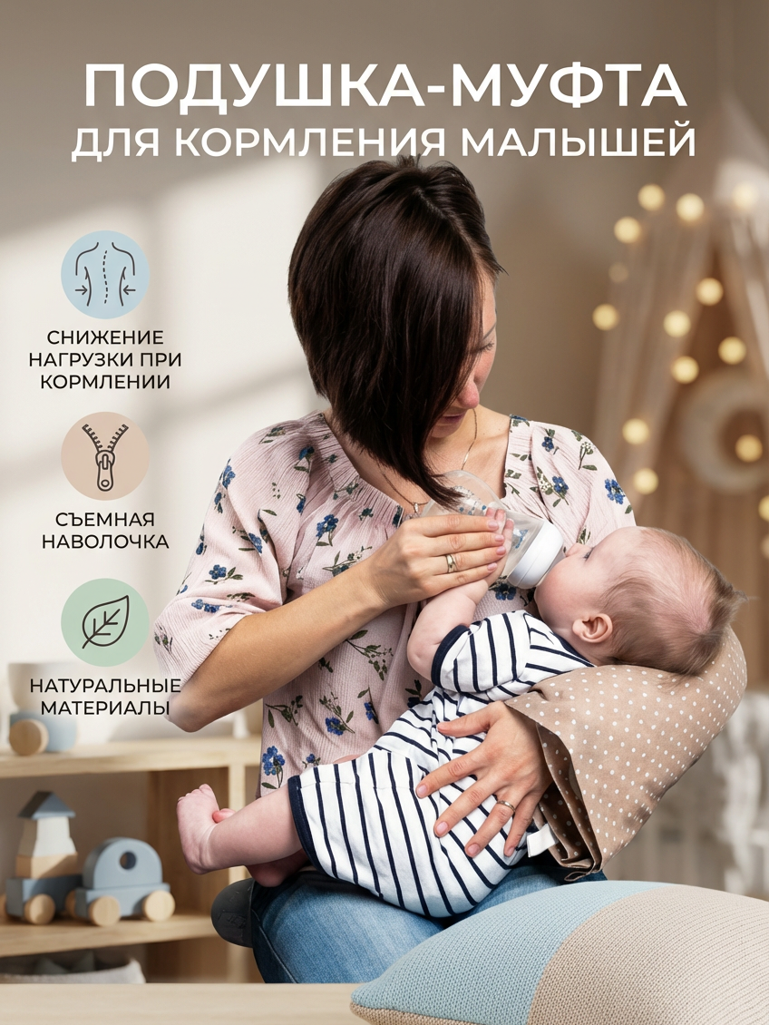 Подушка для кормления грудью и укачивания новорожденных на руку со съёмной наволочкой Owl&EarlyBird, Горошки