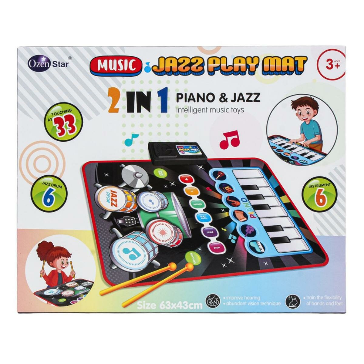 Коврик музыкальный 2 в 1 пианино и барабан, 63x43 см, 3+ лет, с палочками