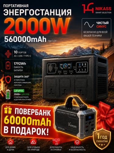 Изображение товара Резервный источник питания 2000Вт 1792Wh + внешний аккумулятор 60000мАч