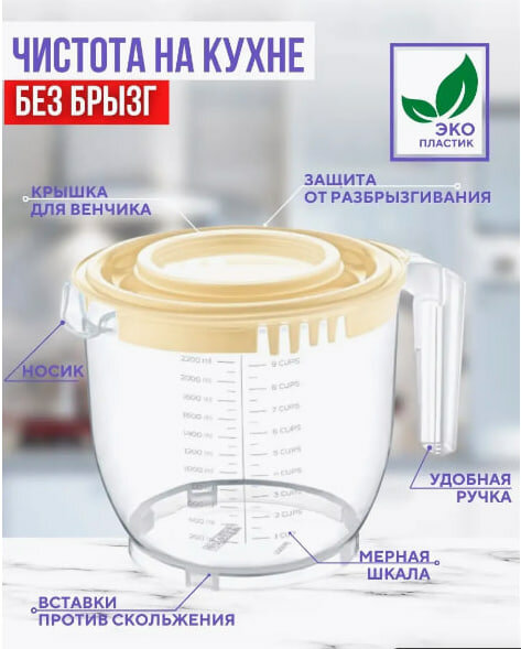 Миска для миксера, блендера, с крышкой и ручкой, 2.2 л — фото 1