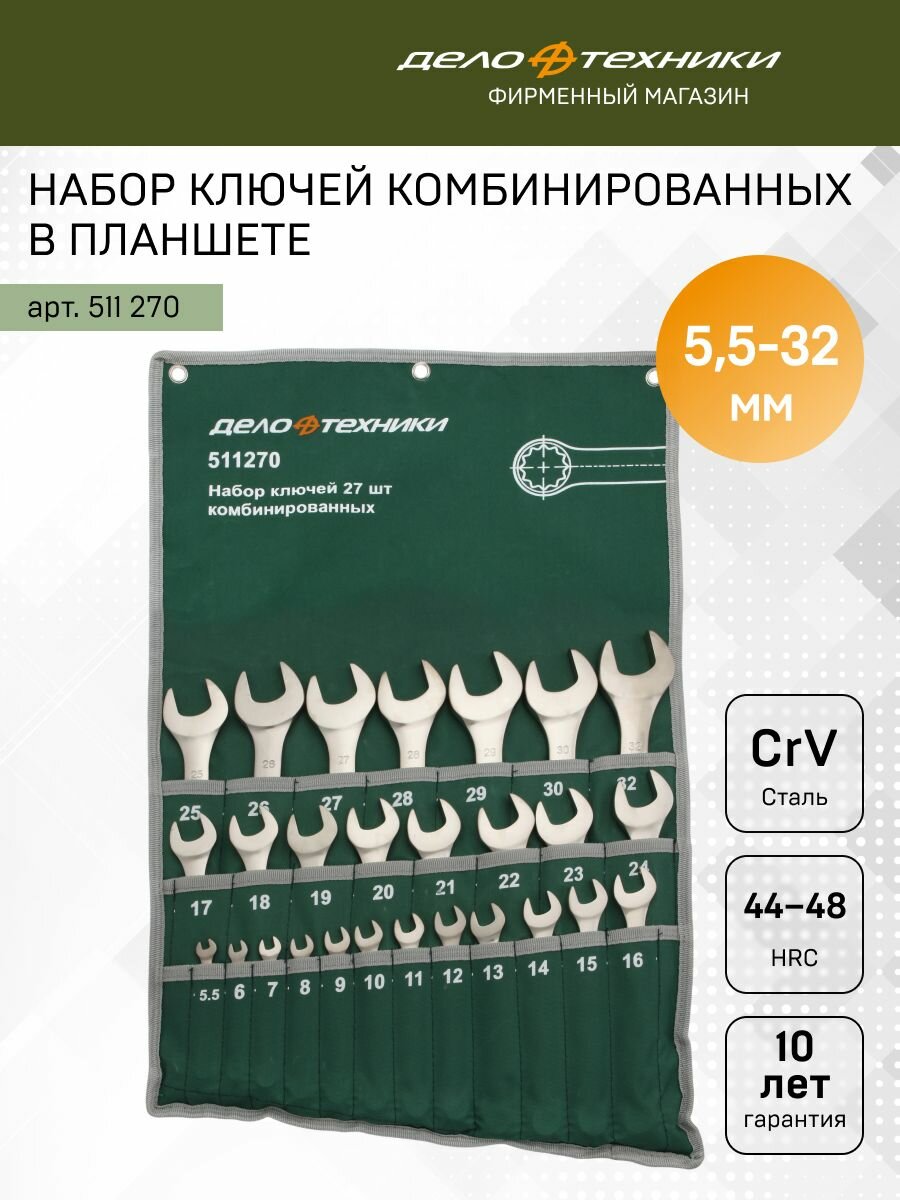 Набор ключей комбинированных 27 штук, планшет тетрон, Дело Техники, 511270