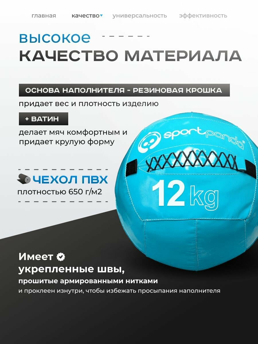 Медбол SportPanda, ПВХ, диаметр 38 см, 12 кг, армированные швы — фото 1