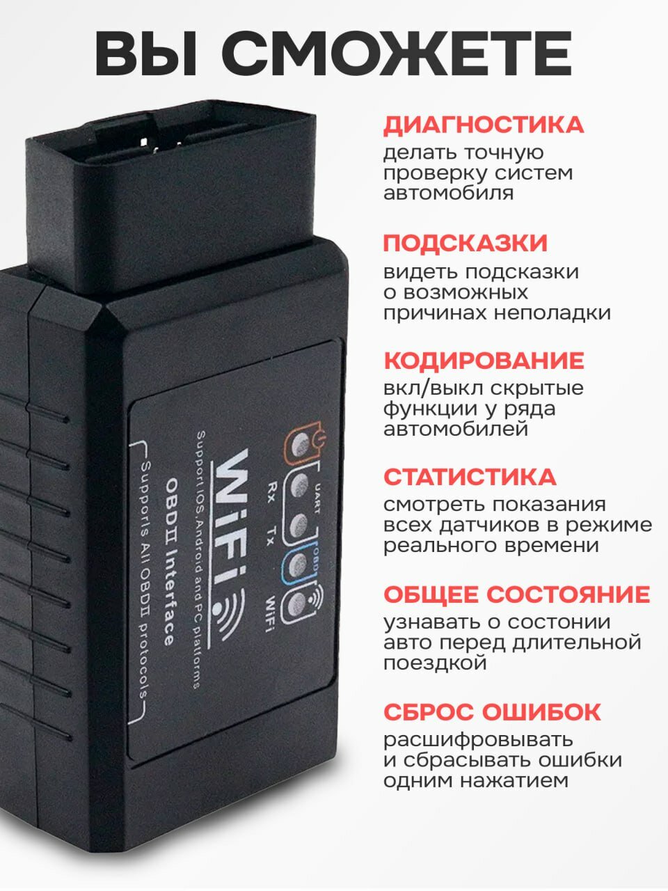 Диагностический сканер ELM327 OBD2 v1.5 WIFI чип FKCYM438 / автосканер для диагностики автомобиля с поддержкой iOS, Android и Windows — фото 1