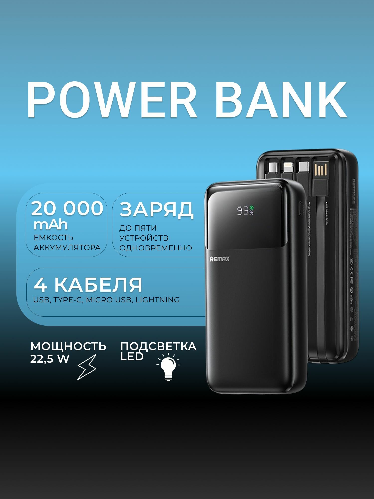 Внешний аккумулятор Power Bank Remax FCP-2 20000 mAh 22.5w ; повербанк для телефона с быстрой зарядкой Fast Charging 4 провода, черный