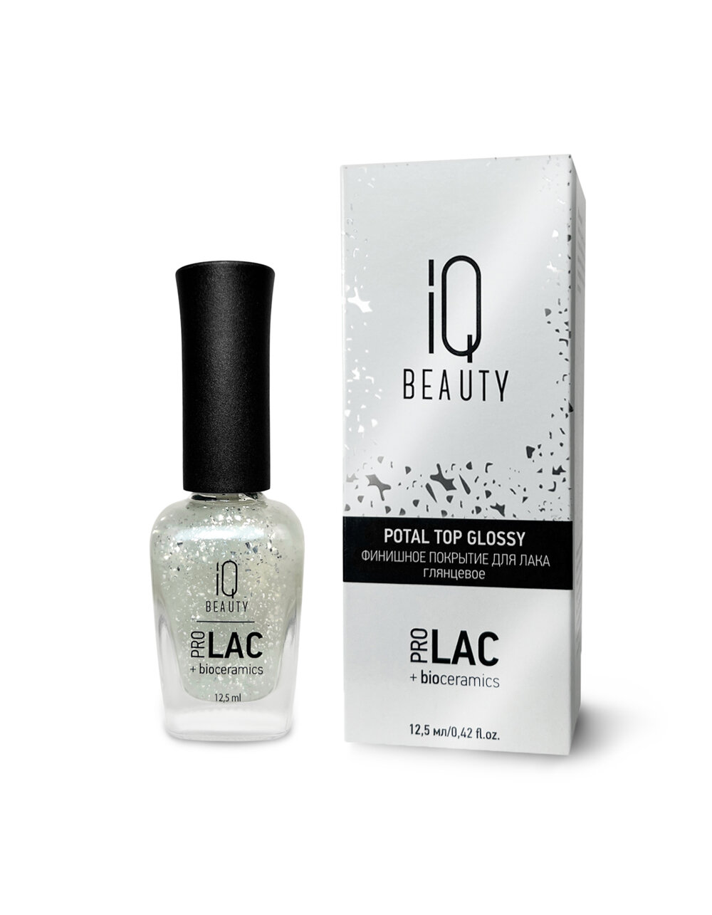 Топ для лака IQ Beauty Potal glossy top Silver, с серебряной поталью, глянцевый, 12.5 мл