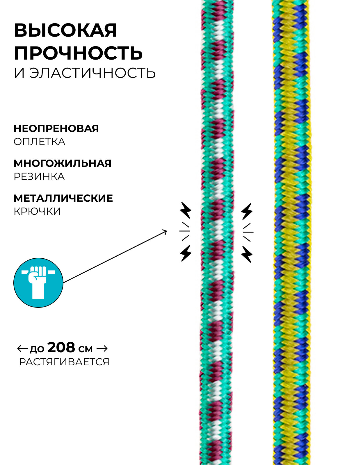Резинка багажная для крепления груза / Стяжной ремень, стяжка для тележки с металлическими крючками 130 см х 1 см, 2 шт. — фото 1