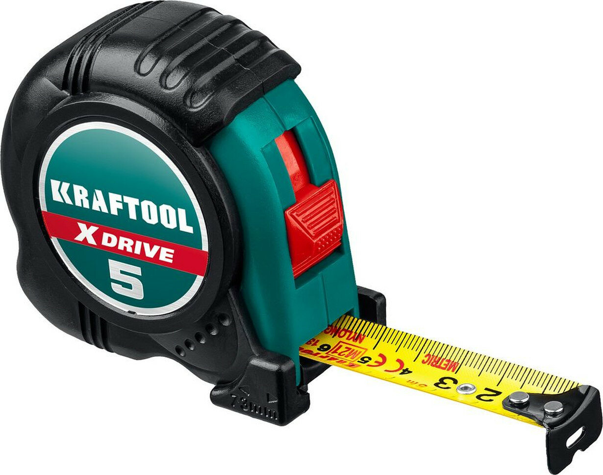 Рулетка Kraftool, обрезиненный корпус, двухсторонняя шкала, магнитный крюк, 5м