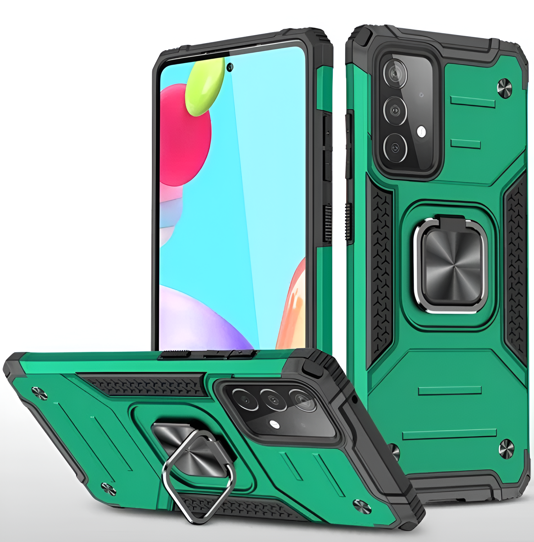 Противоударный чехол для Samsung Galaxy A52 A525 зеленый с пластиной и кольцом подставкой