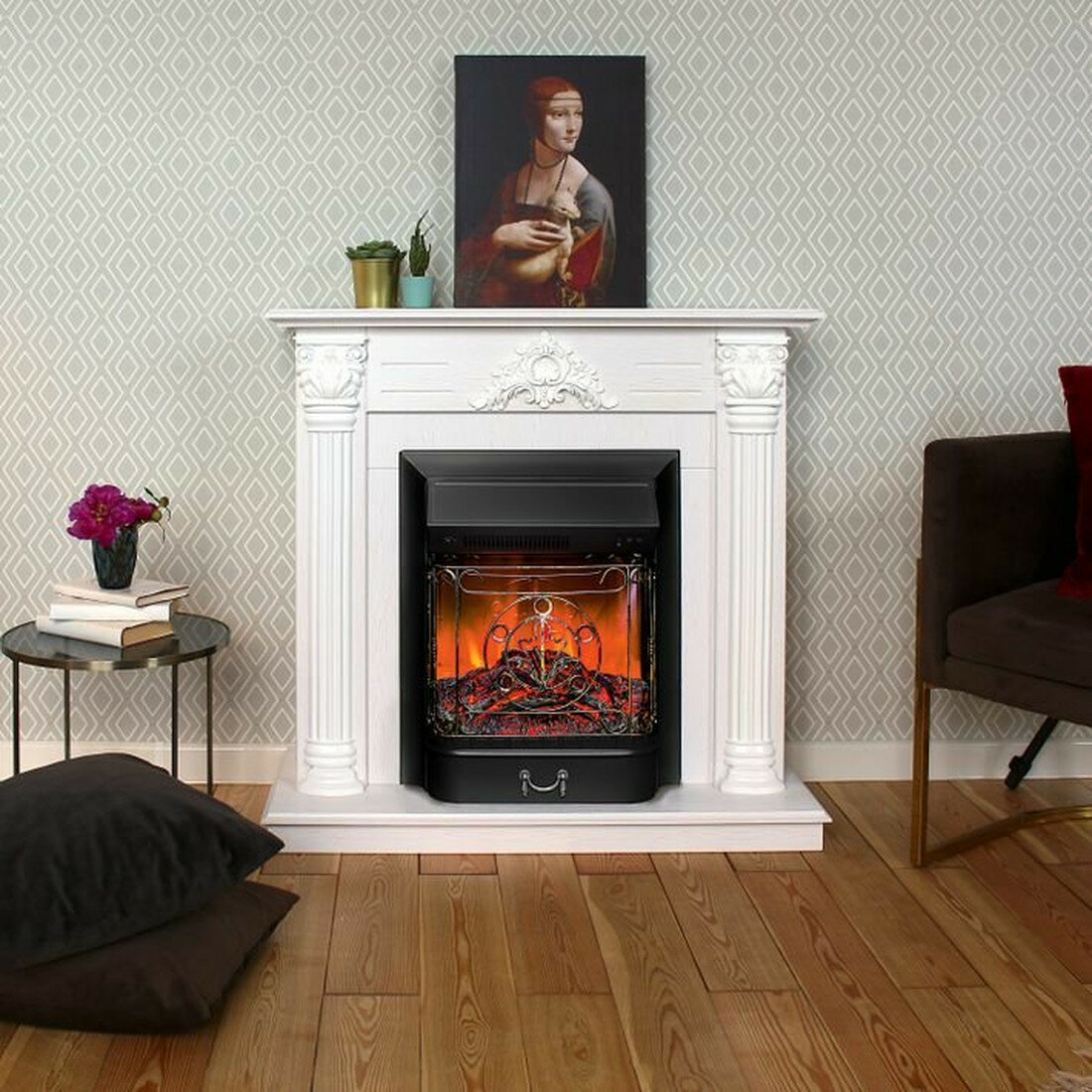 Каминокомплект RealFlame STEFANIA WT-F614 с ажурной кованой решеткой с муляжом дров