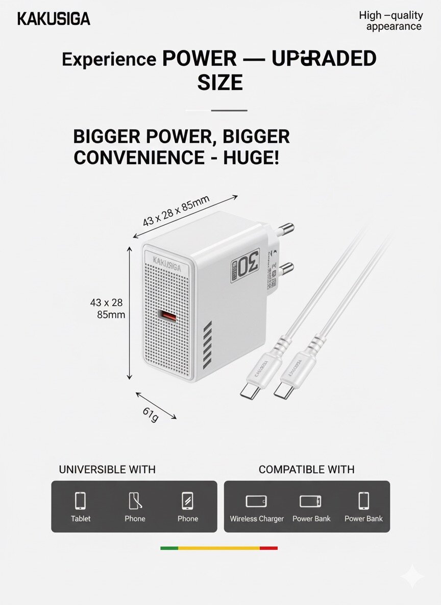 Комплект для быстрой зарядки kakusiga PD30W, QC3.0, USB Type-C, белый — фото 1