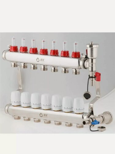 Изображение товара Комплект коллекторов AV Engineering для теплого пола и водоснабжения на 7 контуров с расходомерами (AVE13600107)