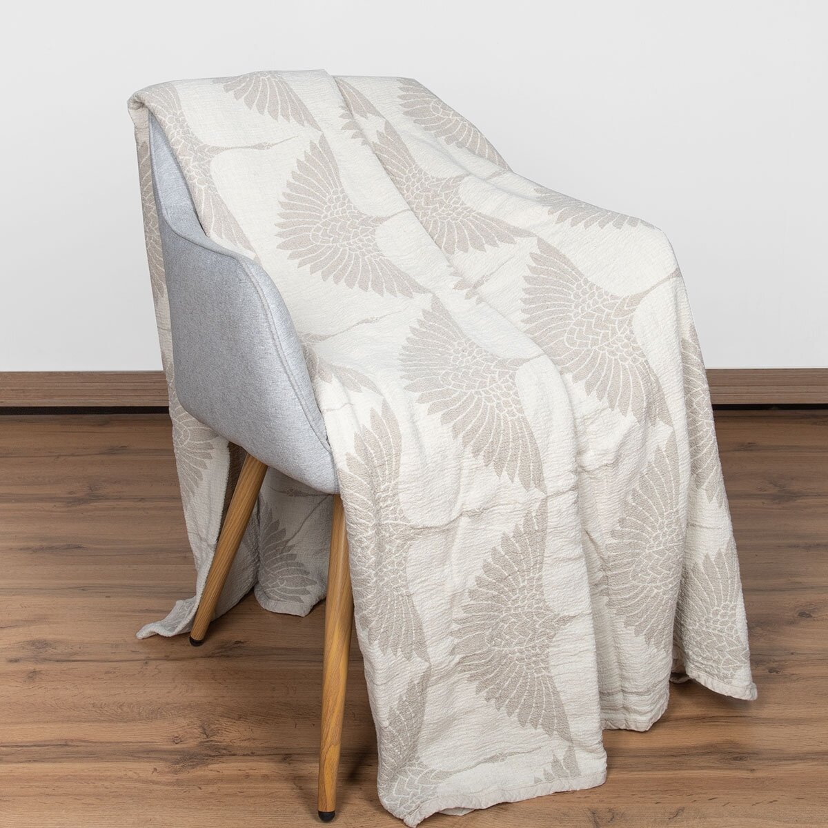 Плед льняной, размер 200*250см, "Журавли", натурально-серого цвета