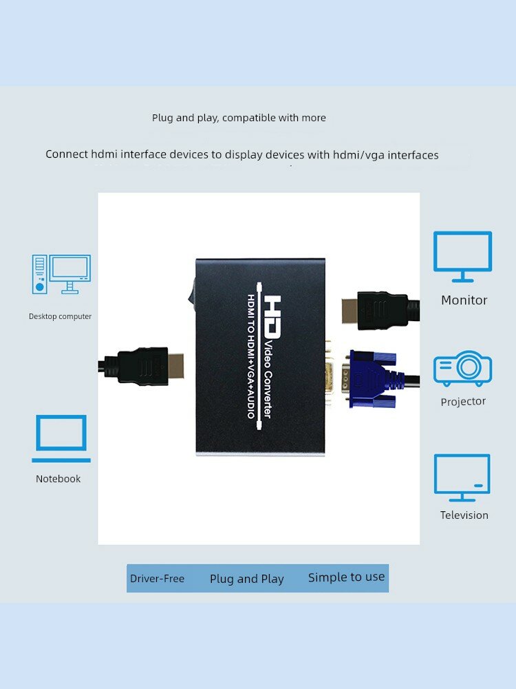 Разветвитель HDMI 1 в 2 с HDMI и VGA выходами и включенной HDMI кабелем