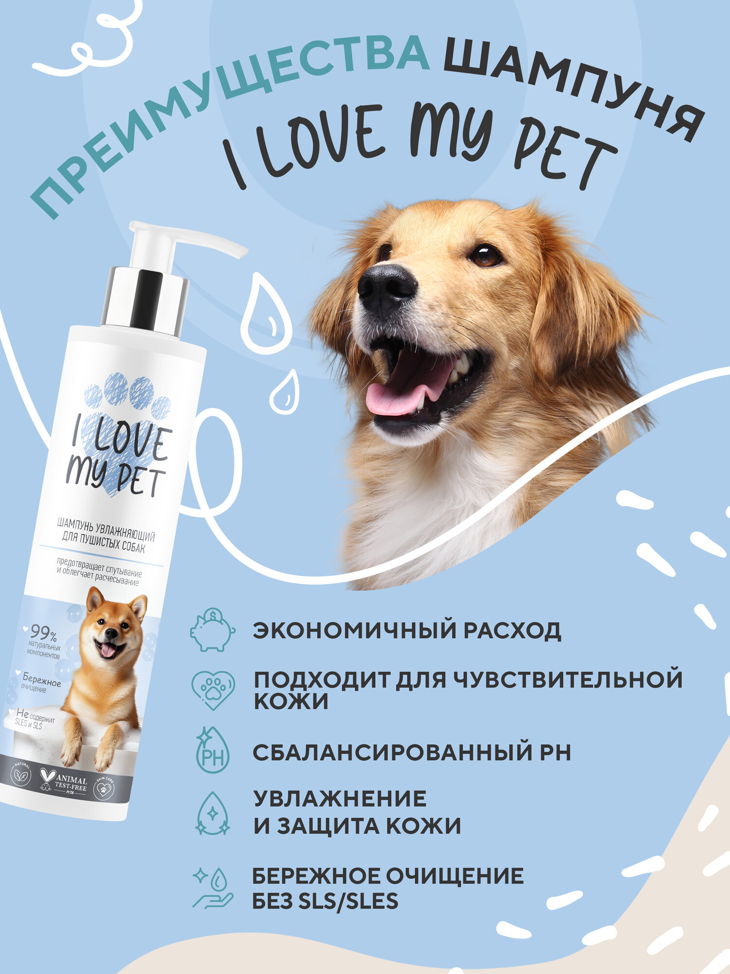 I LOVE MY PET Шампунь увлажняющий для собак с двойным типом шерсти, 250 мл — фото 1