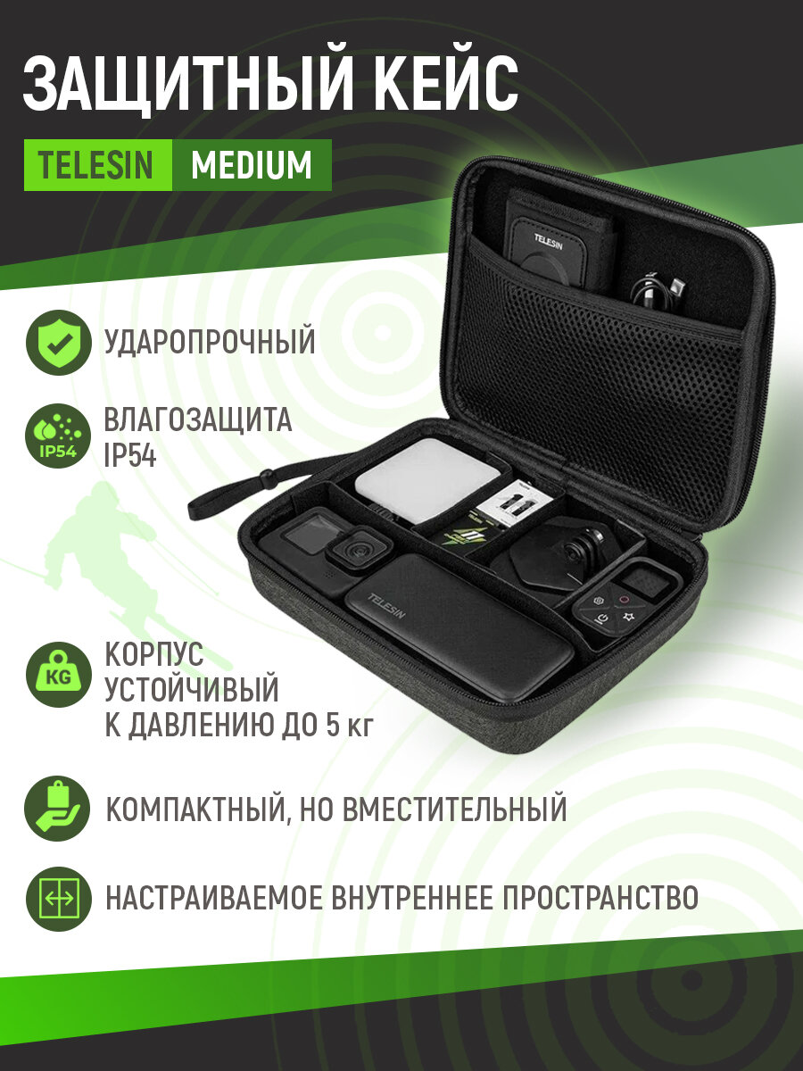 Кейс Telesin для GoPro 9, 10, 11, 12, 13, DJI, INSTA360, Sony, Xiaomi и аксессуаров (medium), GP-PRC-213-B