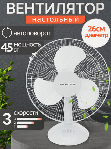 Изображение товара Вентилятор настольный MilWorks механический, 3 скорости, 40 Вт, белый, автоповорот
