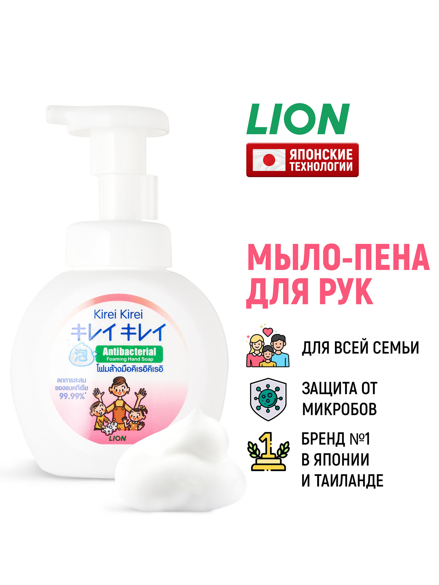 LION Мыло-пенка для рук Kirei Kirei "Воздушное" антибактериальное / Жидкое пенное мыло с дозатором / Японские технологии - 250 мл