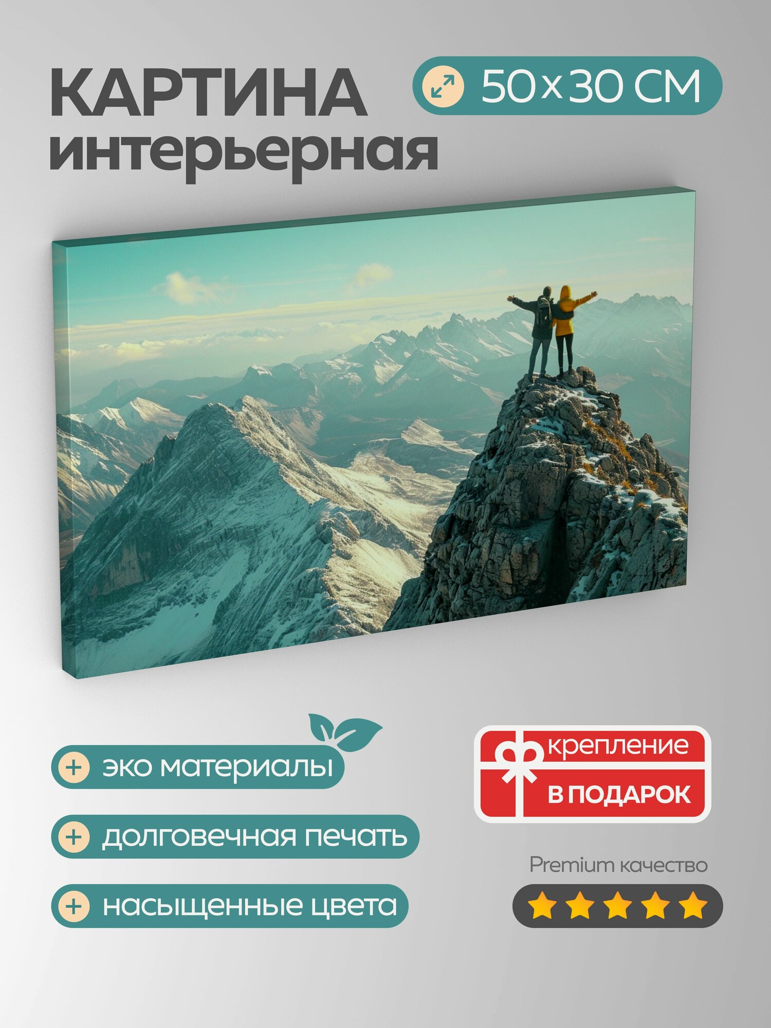 Картина на холсте интерьерная 50х30 см, фотография, пара, вершина горы, руки, впечатляющий вид, заснеженные вершины