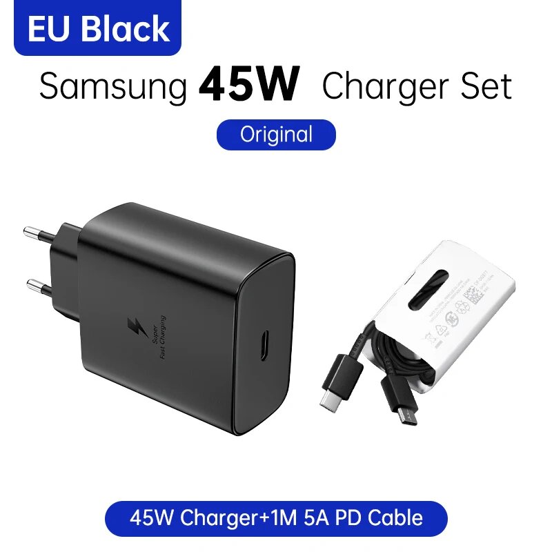 SAMSUNG 45 Вт Зарядное устройство типа C Оригинальный адаптер Samsung S24 Ultra PD USB C Samsung Galaxy S23 S22 S21 Ultra Super Charge Zflip 5, Black 45W EU set