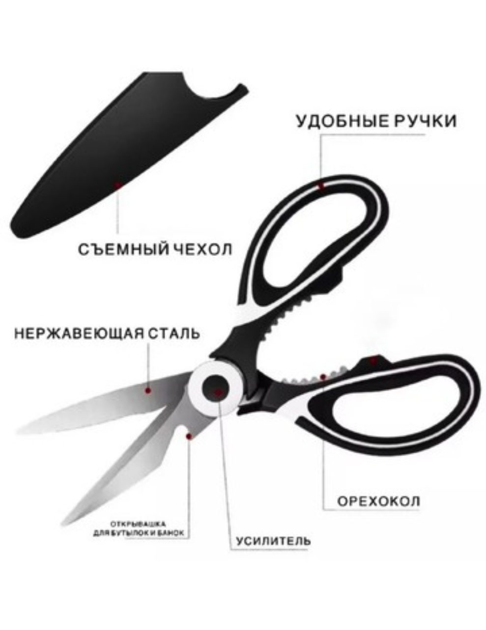 Ножницы кухонные универсальные, многофункциональные, с открывашкой и орехоколом, нержавеющая сталь, Marmuss — фото 1