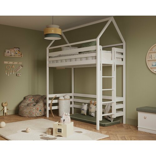 Двухъярусная кровать-домик 180*90 с ящиками , имитация окна и крыши второй ярус, торцевая лестница