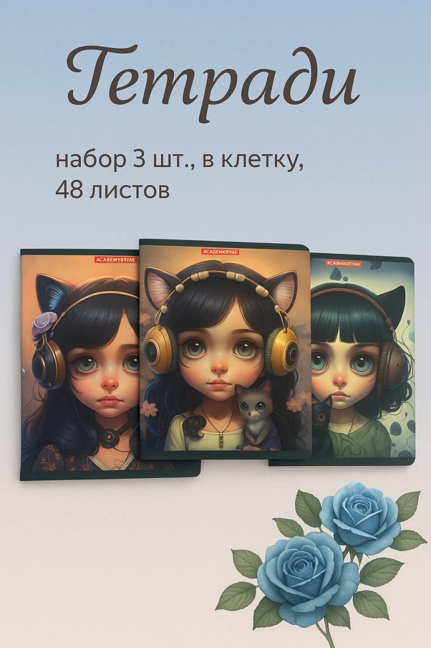 Набор тетрадей “Cute Girl Cat Style” — 3 шт, клетка, 48 листов