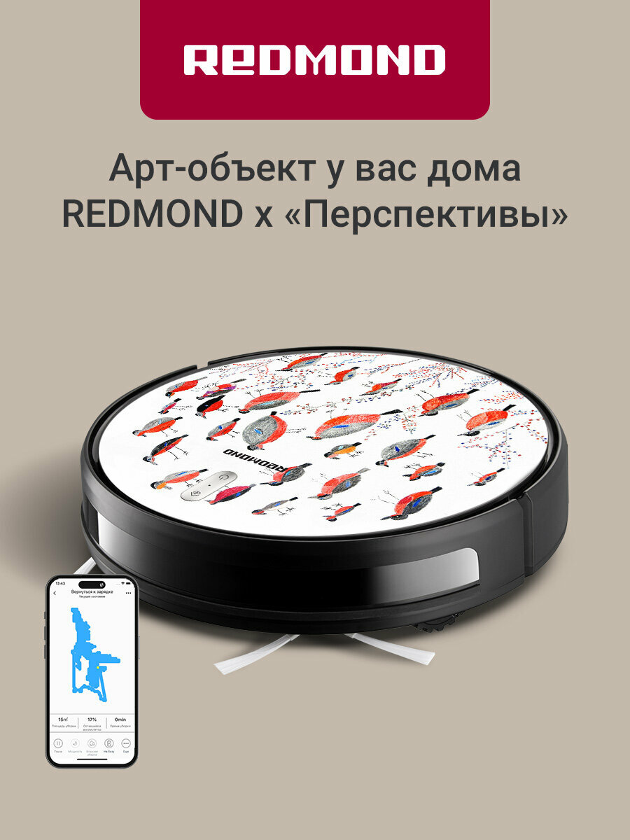Умный робот-пылесос REDMOND RV-R630S WiFi (снегири), сухая и влажная уборка