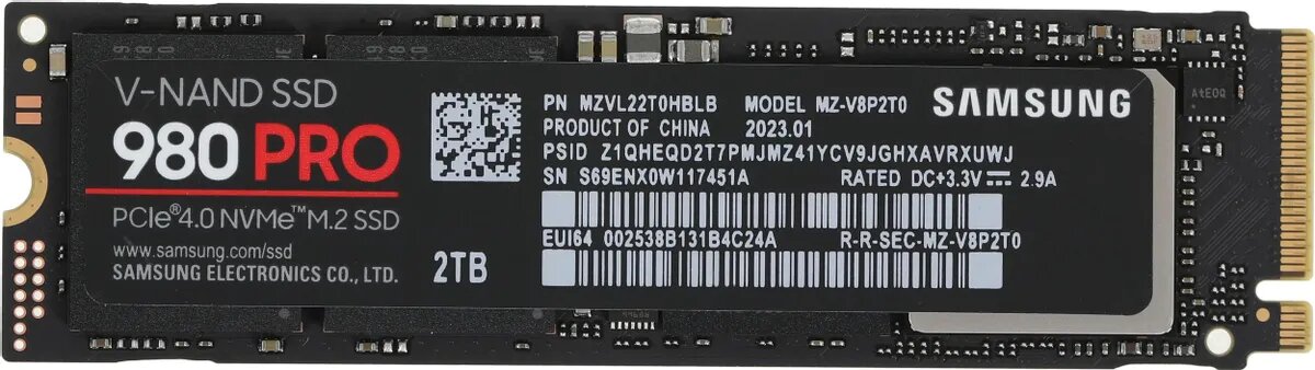 SSD накопитель Samsung 980 PRO MZ-V8P2T0BW 2ТБ, M.2 2280, PCIe 4.0 x4, NVMe, M.2