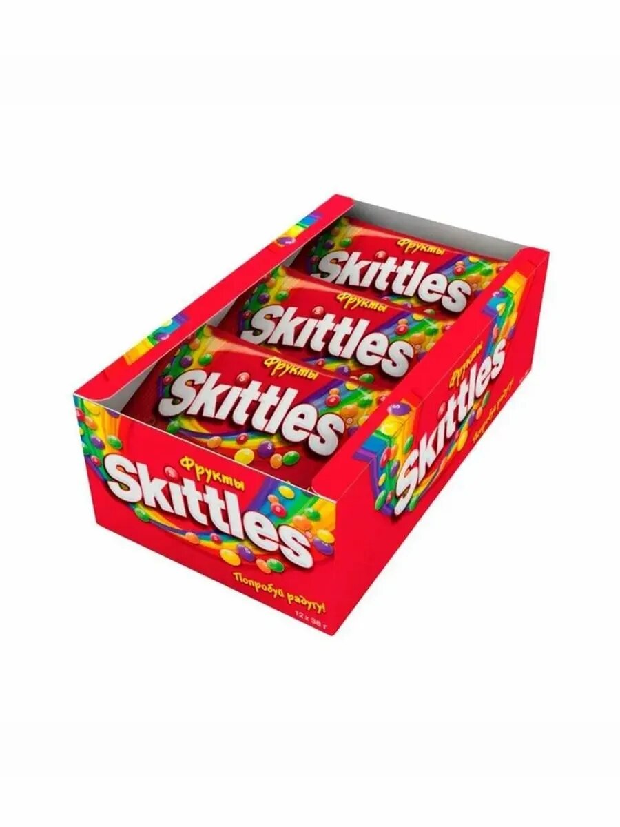 Драже Skittles Скитлс "красный" со вкусом фруктов в разноцветной глазури 12*38 гр.