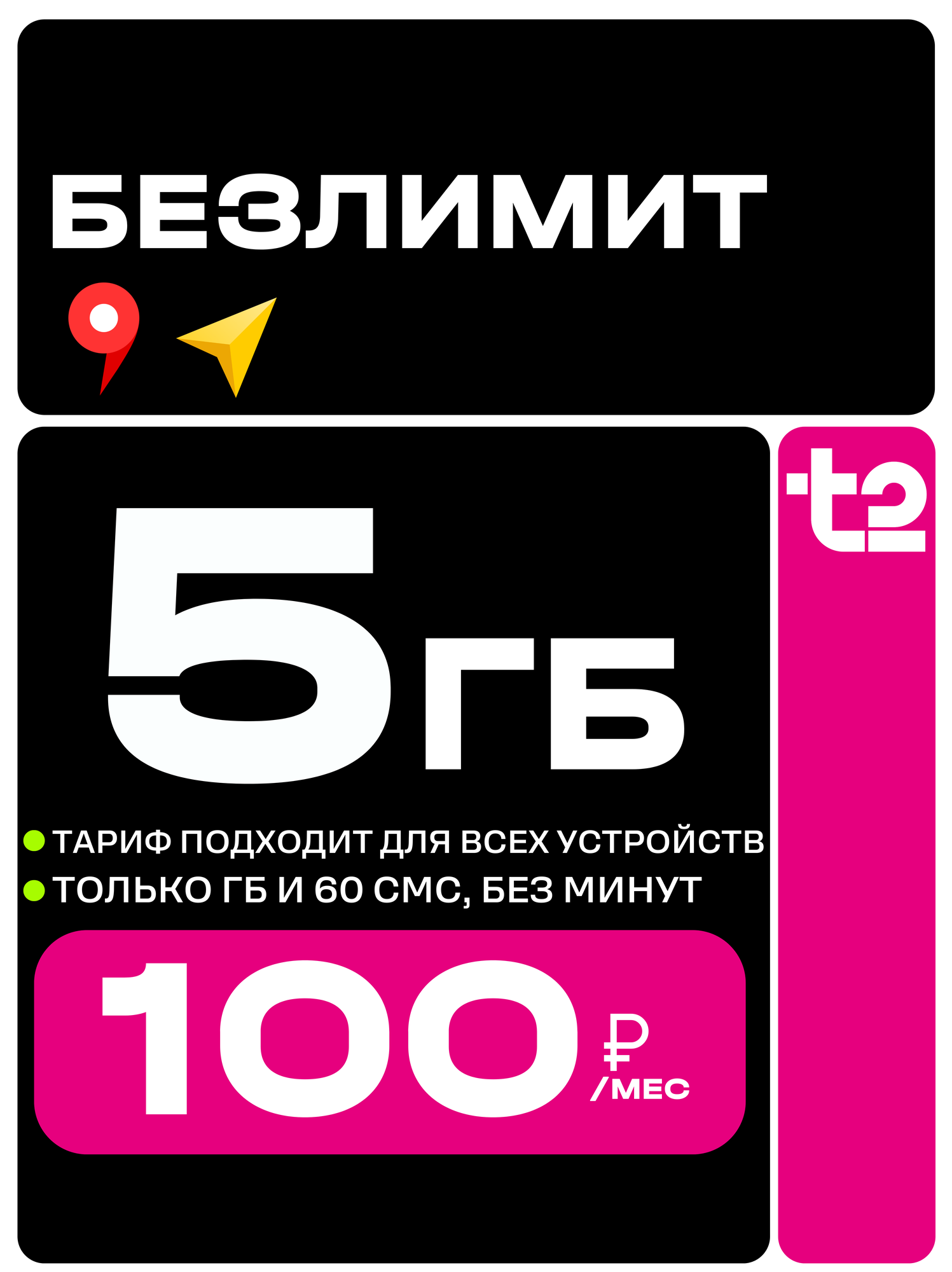 Сим карта Т2 для всех устройств 5Гб и 100 руб./мес. Для Умных устройств. Sim-карта Теле2 вся Россия.
